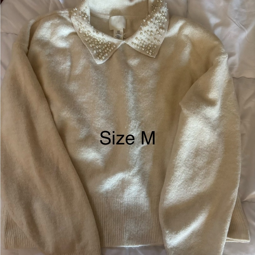 H&M Cream Sweater with Pearl-Embellished Collar